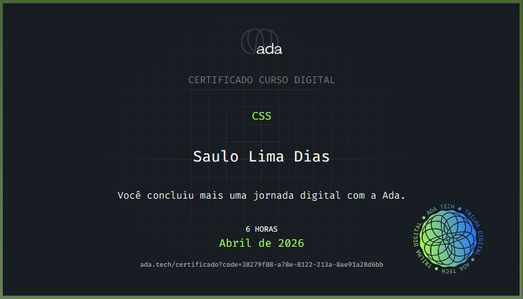  Meu certificado do curso de HTML da escola virtual Ada.tech