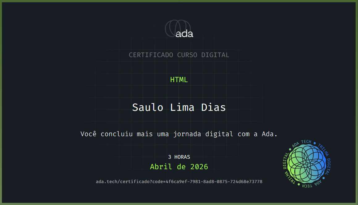  Meu certificado do curso de HTML da escola virtual Ada.tech
